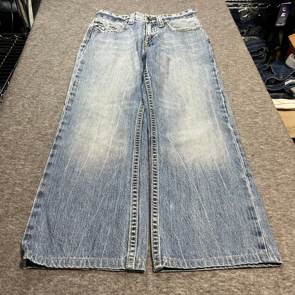 Fusai Mens Baggy Bootcut Jeans Light Wash Embroidered Lion Y2K Skater 29x30